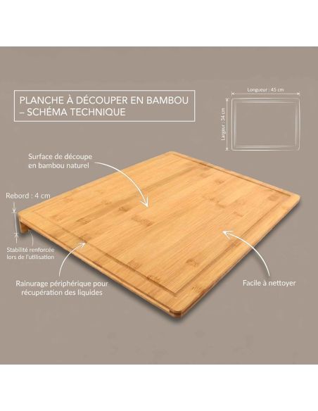 Planche à découper en bambou avec rigole – 45 x 34 cm, antidérapante