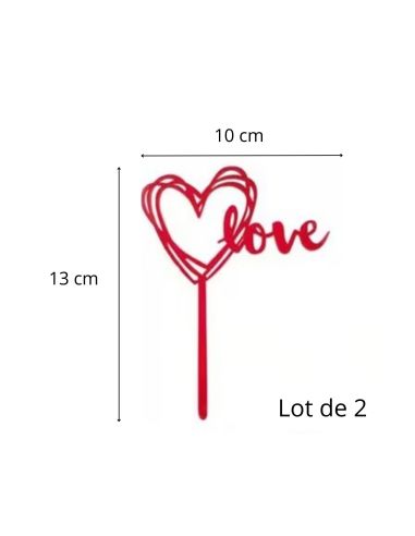 Lot de 2 tops gâteaux Cœur "Love" Rouge – Décoration de Gâteau Romantique