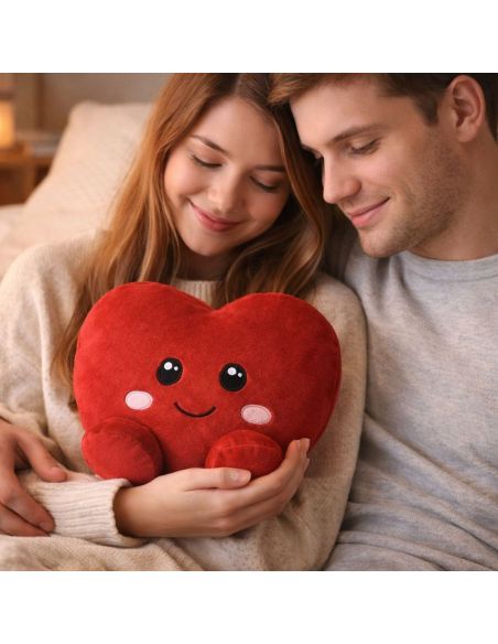 Coussin-Peluche Coeur Rouge "Kawaii" - Dimensions : 28 x 25 x 12 cm