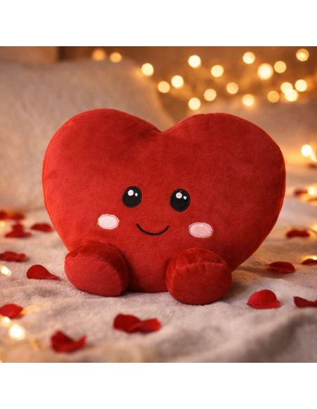 Coussin-Peluche Coeur Rouge "Kawaii" - Dimensions : 28 x 25 x 12 cm