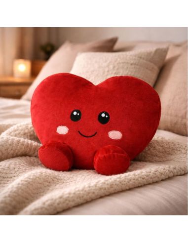 Coussin-Peluche Coeur Rouge "Kawaii" - Dimensions : 28 x 25 x 12 cm