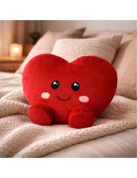 Coussin-Peluche Coeur Rouge "Kawaii" - Dimensions : 28 x 25 x 12 cm