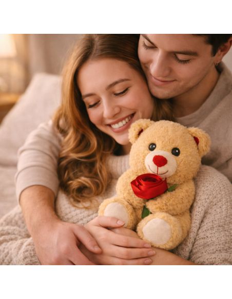 Ours en peluche avec rose – 18 cm – 2 modèles assortis