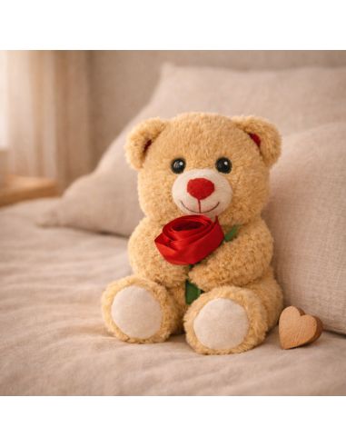 Ours en peluche avec rose – 18 cm – 2 modèles assortis