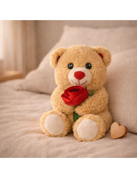 Ours en peluche avec rose – 18 cm – 2 modèles assortis