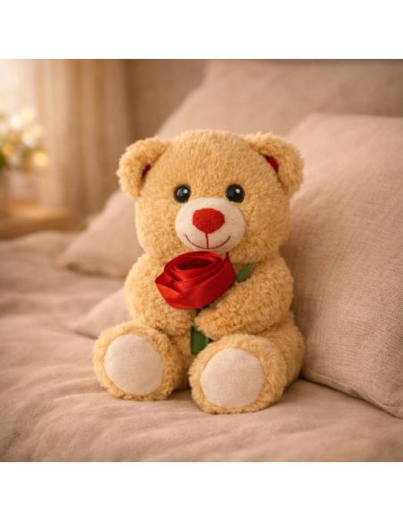 Ours en peluche avec rose – 18 cm – 2 modèles assortis
