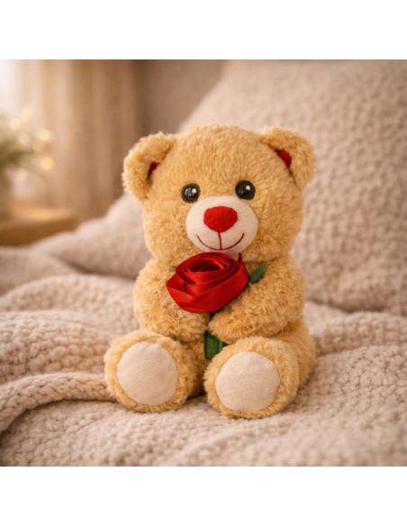 Ours en peluche avec rose – 18 cm – 2 modèles assortis