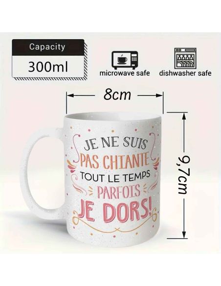 Mug à Paillettes "Je ne suis pas chiante..." - Dimensions : 11,5 x 8 x 9,7 cm
