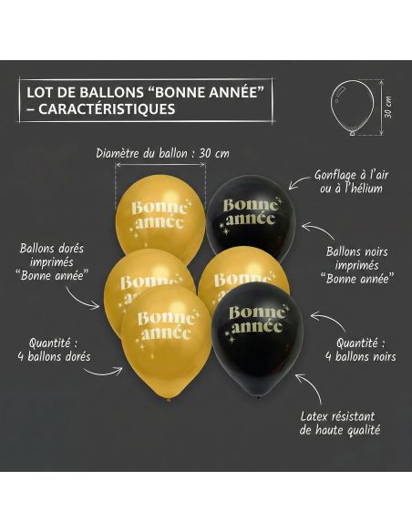 Sachet de 8 Ballons "Bonne Année" – Noir et doré – 30 cm – Air ou hélium