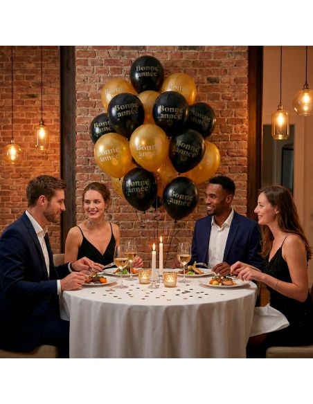 Sachet de 8 Ballons "Bonne Année" – Noir et doré – 30 cm – Air ou hélium