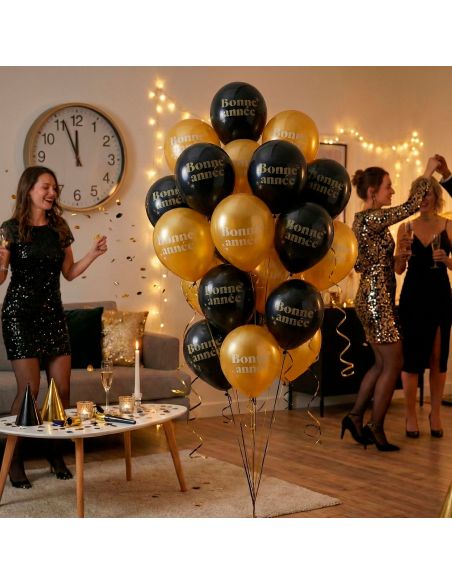Sachet de 8 Ballons "Bonne Année" – Noir et doré – 30 cm – Air ou hélium