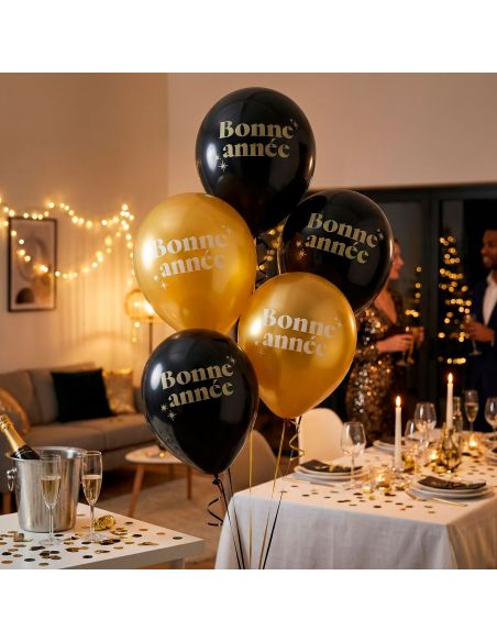 Sachet de 8 Ballons "Bonne Année" – Noir et doré – 30 cm – Air ou hélium