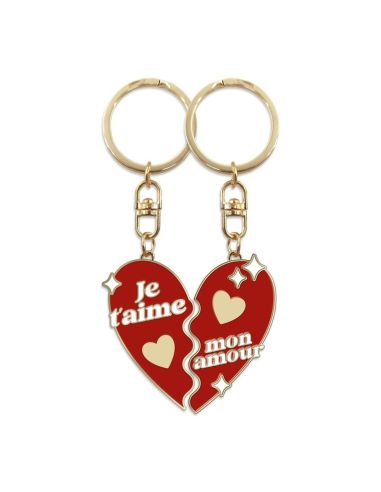 Porte-clés Duo Cœur Séparable "Je t'aime / Mon Amour" - Métal Doré et Émail Rouge