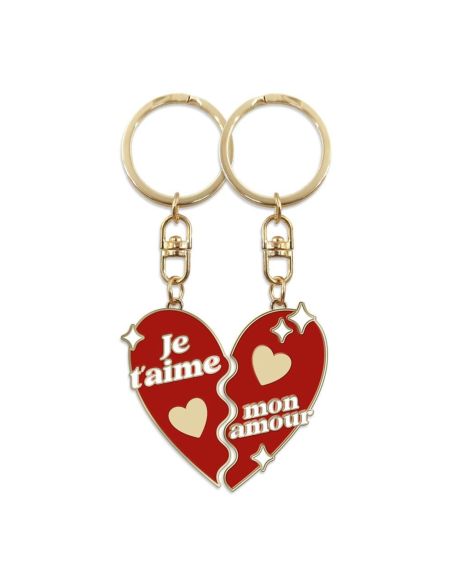 Porte-clés Duo Cœur Séparable "Je t'aime / Mon Amour" - Métal Doré et Émail Rouge