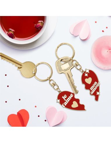 Porte-clés Duo Cœur Séparable "Je t'aime / Mon Amour" - Métal Doré et Émail Rouge
