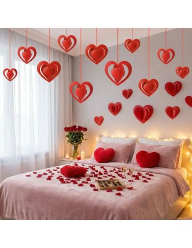 Kit de 16 Décorations Cœurs Rouges 3D Suspendus - Effet Miroir