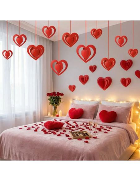Kit de 16 Décorations Cœurs Rouges 3D Suspendus - Effet Miroir