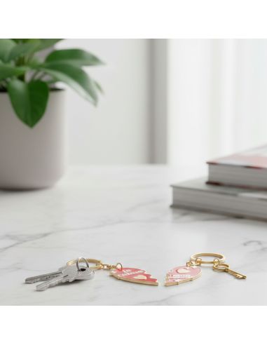 Porte-clés Duo Cœur Séparable "Je t'aime / Mon Amour" - Métal Doré et Émail Rouge