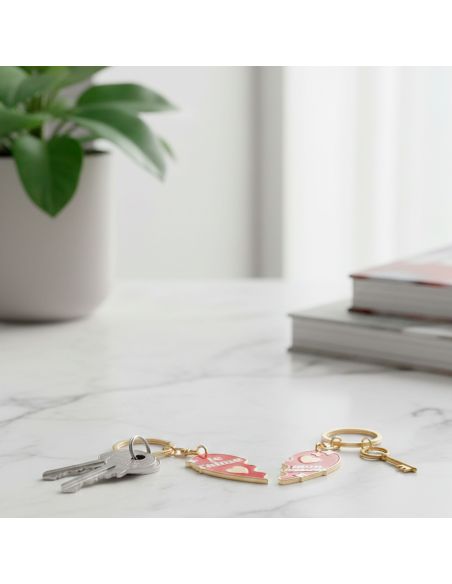 Porte-clés Duo Cœur Séparable "Je t'aime / Mon Amour" - Métal Doré et Émail Rouge
