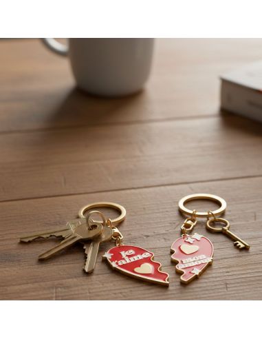 Porte-clés Duo Cœur Séparable "Je t'aime / Mon Amour" - Métal Doré et Émail Rouge