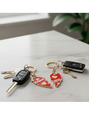 Porte-clés Duo Cœur Séparable "Je t'aime / Mon Amour" - Métal Doré et Émail Rouge