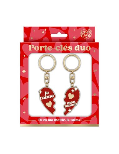 Porte-clés Duo Cœur Séparable "Je t'aime / Mon Amour" - Métal Doré et Émail Rouge