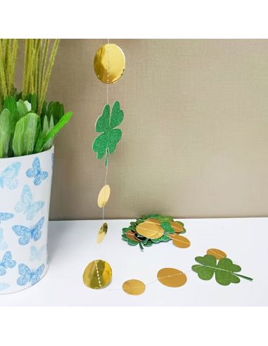 Guirlande de Trèfles à Quatre Feuilles Vert Pailleté et Confettis Dorés - 2m