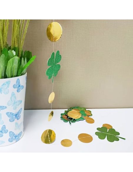 Guirlande de Trèfles à Quatre Feuilles Vert Pailleté et Confettis Dorés - 2m