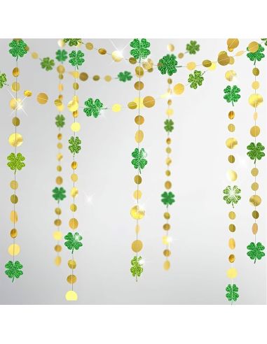 Guirlande de Trèfles à Quatre Feuilles Vert Pailleté et Confettis Dorés - 2m