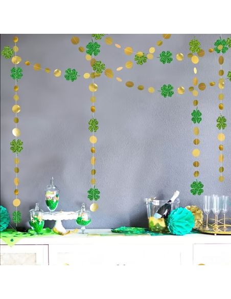 Guirlande de Trèfles à Quatre Feuilles Vert Pailleté et Confettis Dorés - 2m