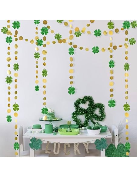 Guirlande de Trèfles à Quatre Feuilles Vert Pailleté et Confettis Dorés - 2m