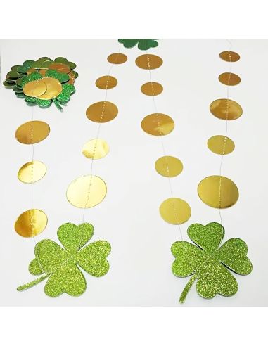 Guirlande de Trèfles à Quatre Feuilles Vert Pailleté et Confettis Dorés - 2m