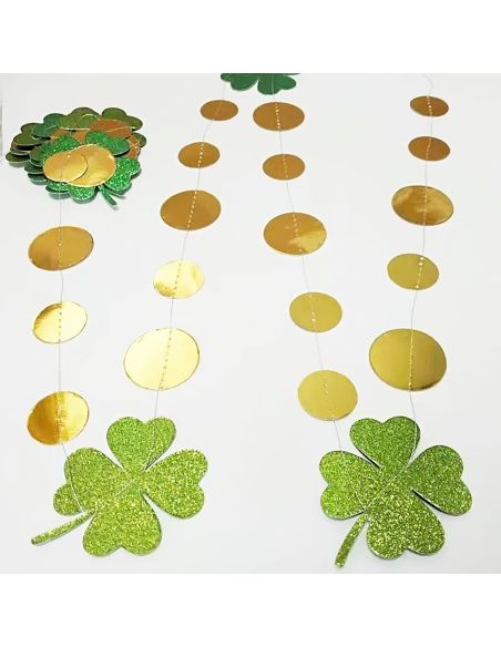 Guirlande de Trèfles à Quatre Feuilles Vert Pailleté et Confettis Dorés - 2m