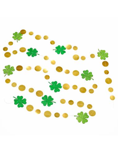 Guirlande de Trèfles à Quatre Feuilles Vert Pailleté et Confettis Dorés - 2m