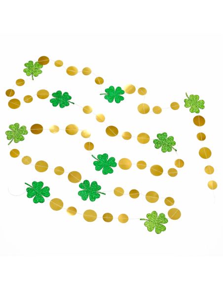 Guirlande de Trèfles à Quatre Feuilles Vert Pailleté et Confettis Dorés - 2m