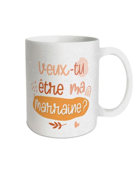 Mug à Paillettes "Veux-tu être ma Marraine " - Dimensions : 11,5 x 8 x 9,7 cm