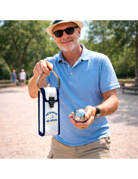 Étui de Pétanque Au Soleil – Sacoche 3 Boules Blanc et Bleu en Simili Cuir