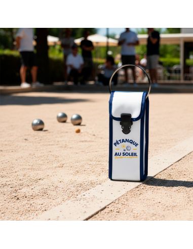 Étui de Pétanque Au Soleil – Sacoche 3 Boules Blanc et Bleu en Simili Cuir