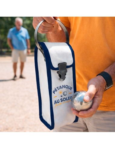 Étui de Pétanque Au Soleil – Sacoche 3 Boules Blanc et Bleu en Simili Cuir