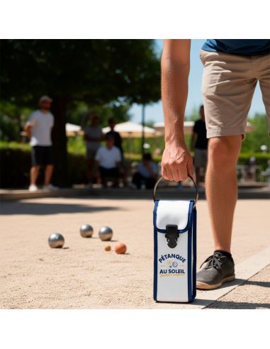 Étui de Pétanque Au Soleil – Sacoche 3 Boules Blanc et Bleu en Simili Cuir