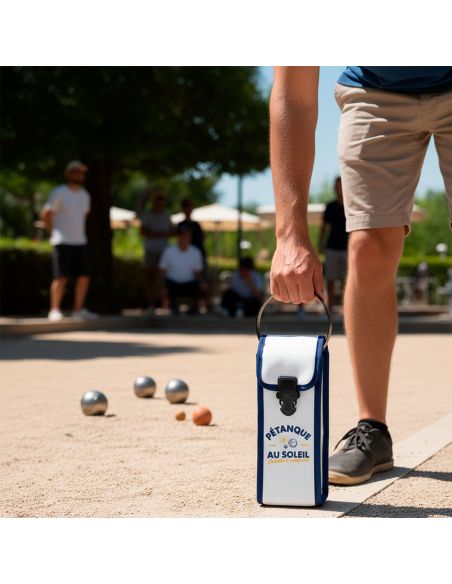 Étui de Pétanque Au Soleil – Sacoche 3 Boules Blanc et Bleu en Simili Cuir