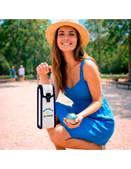 Étui de Pétanque Au Soleil – Sacoche 3 Boules Blanc et Bleu en Simili Cuir