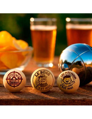 Lot de 3 Cochonnets de Pétanque en Bois Poli avec Message