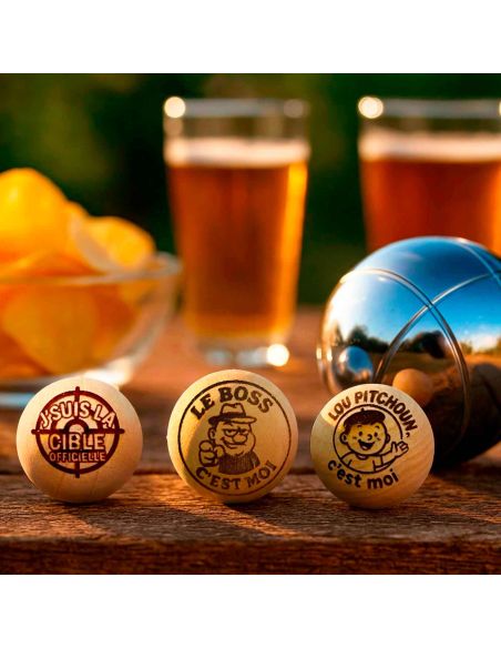 Lot de 3 Cochonnets de Pétanque en Bois Poli avec Message