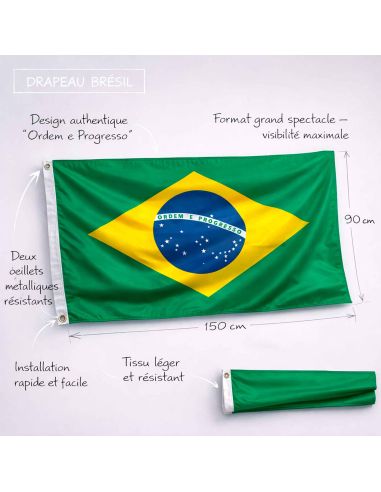 Drapeau Officiel Brésil 150 x 90 cm - Pavillon Supporters Seleção avec Œillets de Fixation