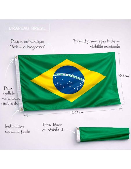 Drapeau Officiel Brésil 150 x 90 cm - Pavillon Supporters Seleção avec Œillets de Fixation