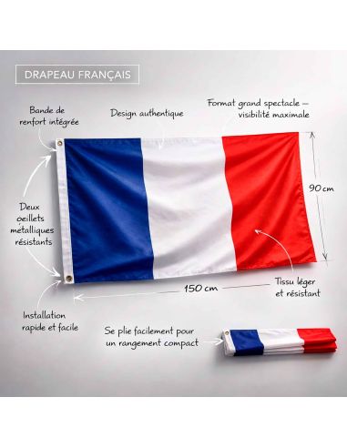 Drapeau Officiel France 150 x 90 cm - Pavillon Supporters Tricolore avec Œillets de Fixation