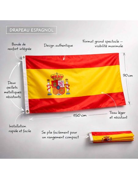 Drapeau Officiel Espagne 150 x 90 cm - Pavillon Supporters La Roja avec Œillets de Fixation