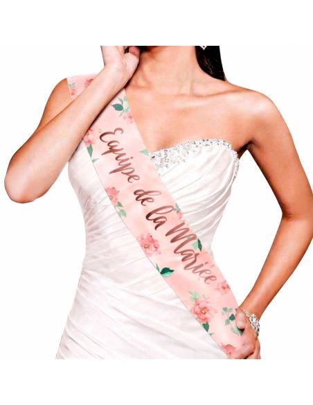 Écharpe EVJF "Équipe de la Mariée" – Accessoire de Fête Rose Poudré & Floral – 100 x 13 cm