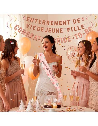 Écharpe EVJF "Équipe de la Mariée" – Accessoire de Fête Rose Poudré & Floral – 100 x 13 cm